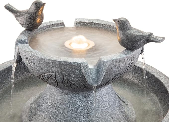 Glitzhome Outdoor Water Fountain with Lights & Pump, 26" H 2-Tiered Polyresin Bird Bath Fountain Floor-Standing Water Feature Waterfall Fountain for Garden, Yard, Patio, Home Decor