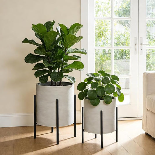 ARNIS Modern Plant Pots, Large Planters with Stand, Set of 2 Decorative Planters, Metal Pots with Drainage Holes for Living Room, Office, Garden or Balcony, 10.5 &12.25 Inch, Grey