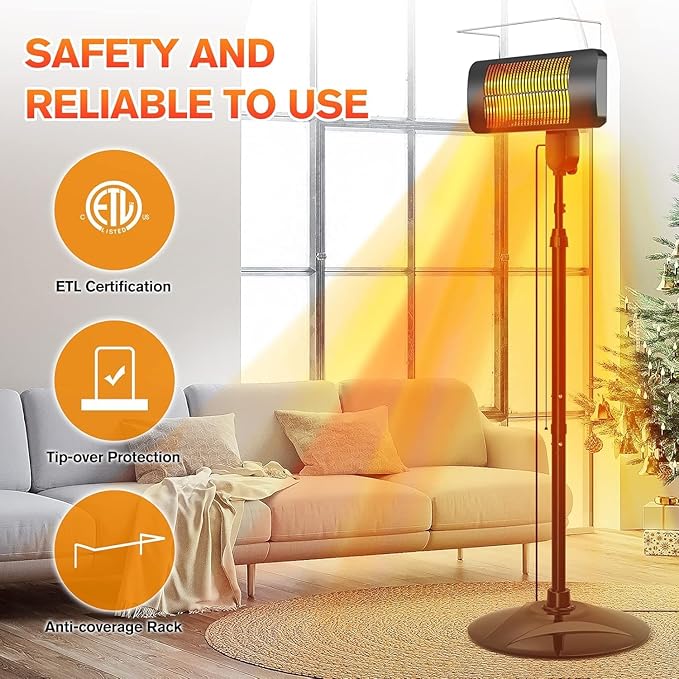Outdoor Heaters for Patio, 1500W, 3 Heat Modes & 12H Timer, IP54 Waterproof Electric Heater with Adjustable Height, Tip-Over Protection, 78" Portable Infrared Heater for Indoor Outdoor use, Matte
