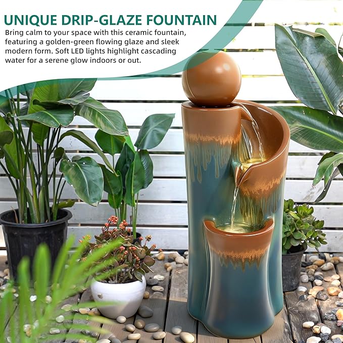 32" H Ceramic Outdoor Water Fountain with LED Lights, 3-Tier Cascading Sphere Water Feature, Tranquil Waterfall for Relaxing Garden, Patio, Yard, or Porch, Teal & Copper Drip-Glaze Finish