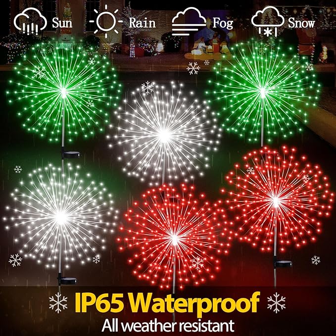 6 Pcs Christmas in July Solar Firework Stake Lights 180 LED 8 Modes Solar Waterproof LED Sparkler Lights Outdoor Decoration for Garden Patio Yard Pathway Walkway Lawn Xmas (Red Green White)