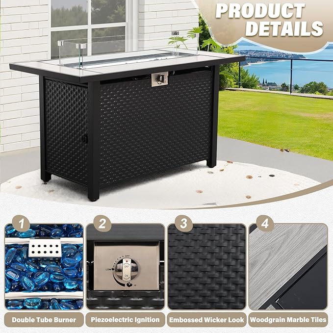 4 Pieces Outdoor Patio Furniture Set 43 in Outdoor Fire Pits Wicker Outdoor Furniture Chairs and Sofa 60000 BTU Outdoor Propane Fire Pit Table Non-Slip Cushions and Waterproof Covers, Khaki