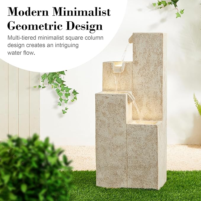 Glitzhome 34" H Outdoor Water Fountain with LED Light and Pump, 4-Tier Vintage Faux Terrazzo Geometric Square Column Polyresin Outdoor Floor Standing Fountain for Porch Deck Patio Backyard