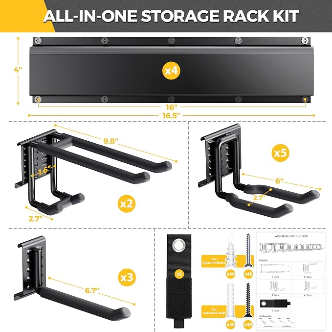 LBT 66" Garage Tool Organizer Wall Mount - 720lbs Garden Tool Organizer with Adjustable Hooks, Heavy Duty Metal Garage Storage Rack, Anti-Rust Shed Rack Holder Hanging Rake Broom Mower Snowboard - Image 2
