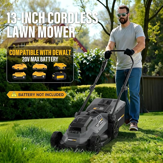 13 Inch Cordless Lawn Mower, Compatible with Dewalt 20V MAX Battery, Brushless Electric Mower with 8 Gallon Grass Bag, 5-Level Height Adjustment, for Small Yard/Garden (Battery Not Included) - Image 2