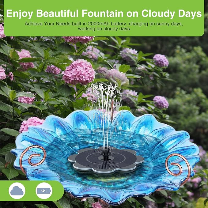 SZMP Solar Fountain Work On Cloudy Day, 2000mAh Bird Bath Fountains Upgraded Glass Panel 7 Nozzle & 4 Fixer, Solar Powered Water Fountain for Pool, Garden, Pond, Outdoor