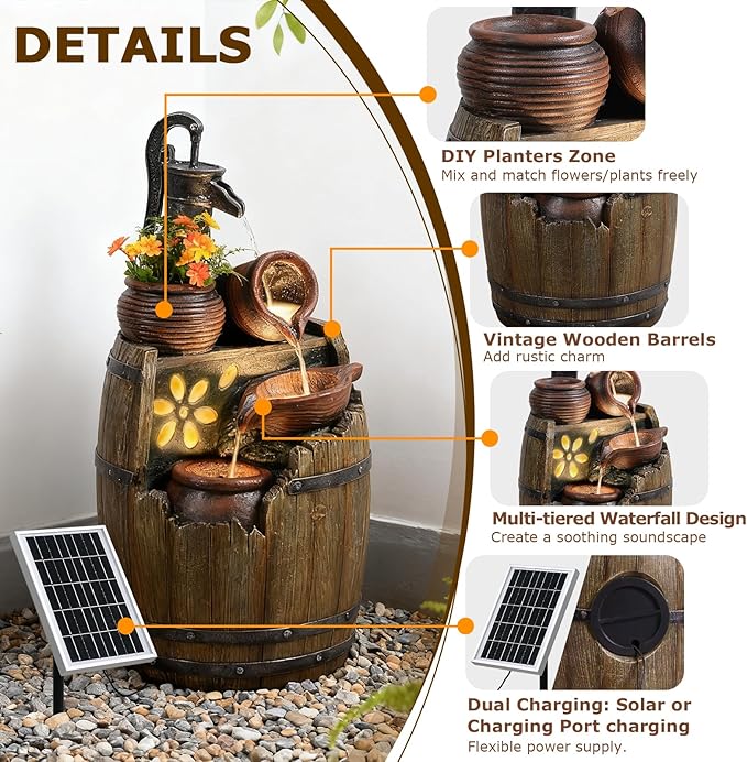 Solar Water Fountain Outdoor Rustic Pump and Barrel, 29" H Cascading Solar Powered Waterfall Fountains Outside Feature with LED Lights for Garden, Patio, Porch, Backyard Decor