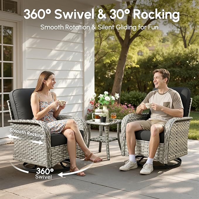 Patio Furniture Set,9 Pieces Outdoor Wicker Conversation Sets with 42 in Fire Pit Table,2 Wicker Rocking Chair & Coffee Table,Outdoor Sectional Sofa for Balcony Backyard Poolside Garden Lawn(Black)