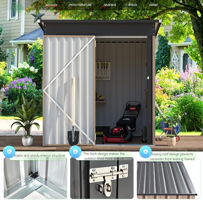AECOJOY 5' x 3' Outdoor Storage Shed, Small 3x5 Metal Sheds & Outdoor Storage Clearance Steel Yard Shed kit with Lockable Door, Utility and Tool Storage Garden Shed for Backyard, Patio and Outside use - Image 2