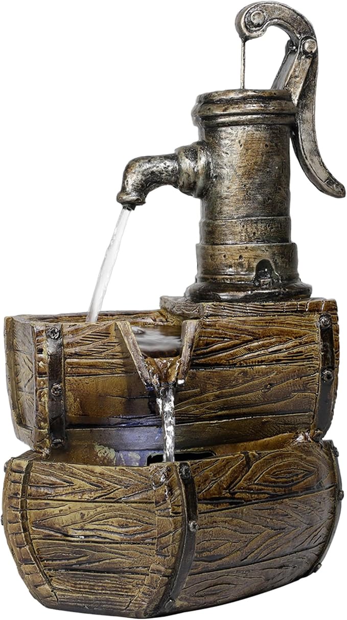 Alpine Corporation WIN826 14” Vintage Water Pump Tabletop Fountain with 2-Tiered Barrel Design & LED Lights – Decorative Indoor Water Feature for Home & Office, Brown