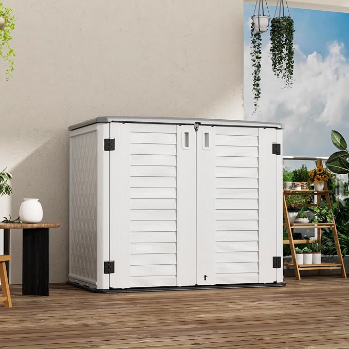 Mrosaa Outdoor Patio Storage Shed,Waterproof Horizontal Outdoor Storage Cabinet for Garbage Cans,Tools and Lawnmower Lockable(34 Cu.ft-Warm-White) - Image 2