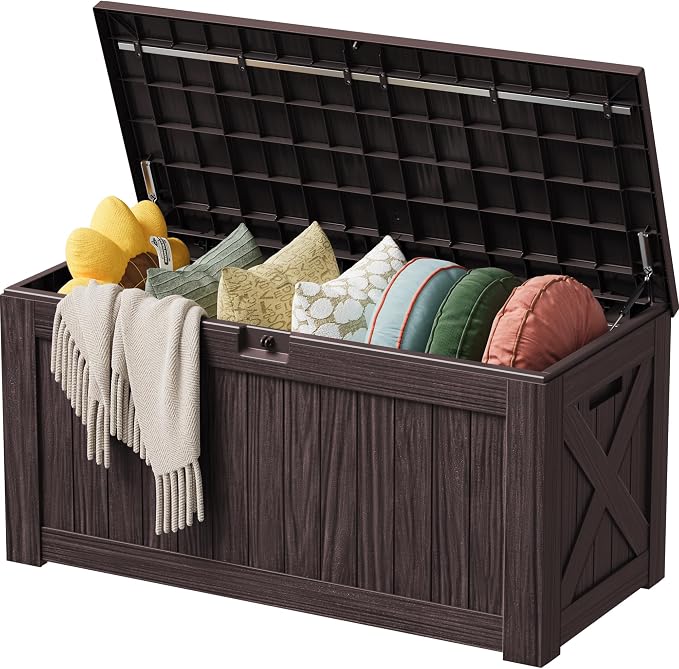 Devoko 125 Gallon Outdoor Storage Box, Waterproof Resin Deck Box for Patio Furniture, Lockable Container for Garden Cushions & Pool Supplies (Brown, 125 Gallon) by DEVOKO