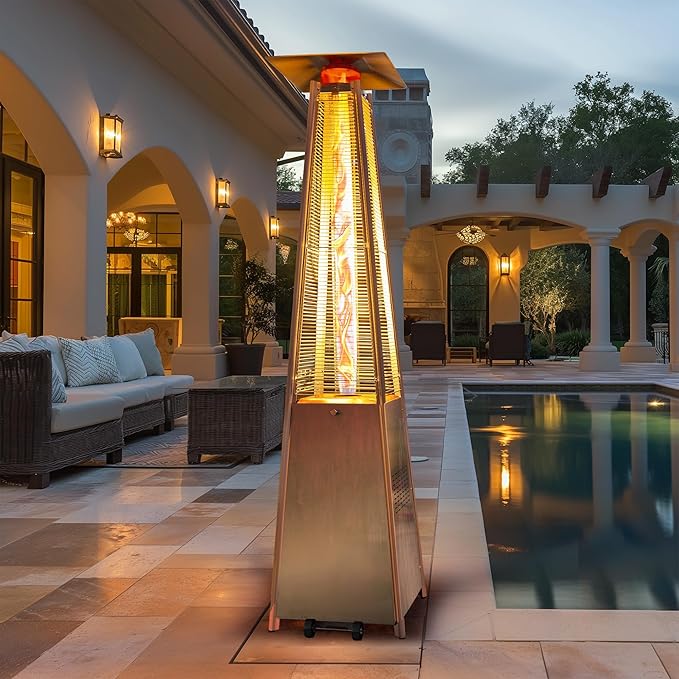 48,000 BTU Flame Pyramid Pool Heater With Cover, Stainless Steel Triple Safety Protection Patio Heater with Patio Cover, Warm Glass Tube Portable with Durable Wheels-Stainless Steel Color