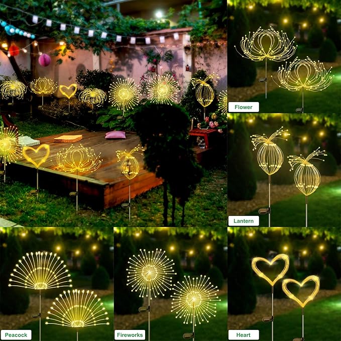 Solar Garden Lights Outdoor Waterproof, 2 Pack 120 LED Solar Firework Lights Decorative Garden D??cor Outside for Flowerbed Pathway Party Christmas Decoration, Warm White