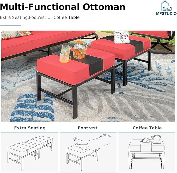 MFSTUDIO 5 Pieces Patio Conversation Sets, Metal Outdoor Furniture Sofas with 1 x 3-Seat Sofa, 2 x Rocking Chairs, 2 x Ottomans, Steel Frame with Burgundy Red Cushion for Patio Garden
