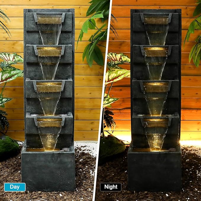 SunJet 39.3inches High Modern Water Fountain – 5-Tier Outdoor/Indoor Water Fountain with Soothing Water Sounds & Warm LED Light, Perfect for Garden, Patio, Home & Office
