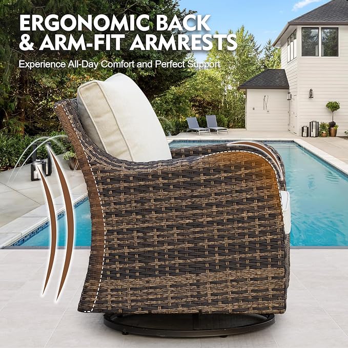MEISSALIVVE 7 Pieces Patio Furniture Set with Swivel Chairs, Wicker Patio Conversation Set, Outdoor Patio Set with 2 Swivel Rocking Chair & Sofa, 2 Ottomans and Dining Table (Brown)