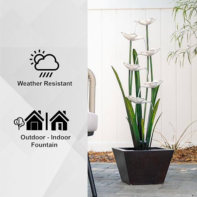 XBrand 39-Inch Metal Multi-Tier Flower Water Fountain with LED Lights, Multicolor Sculptural Outdoor