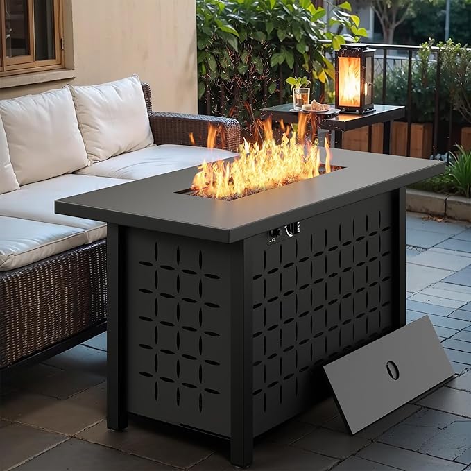 Vongrasig 7 Piece Patio Furniture Set with Propane Fire Pit, Outdoor Conversation Sets Wicker Rattan Sectional Sofa with Coffee Table, 43” Propane Gas Firepit Table with Lid, Beige