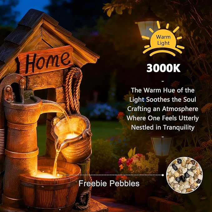 Vintage Country Style Wall-Mounted and Freestanding Outdoor Fountain, 28.7 H Resin Garden Water Feature with Water Well and Wine Barrel for Gardens, Landscaping, Patios, Balconies, Lawns