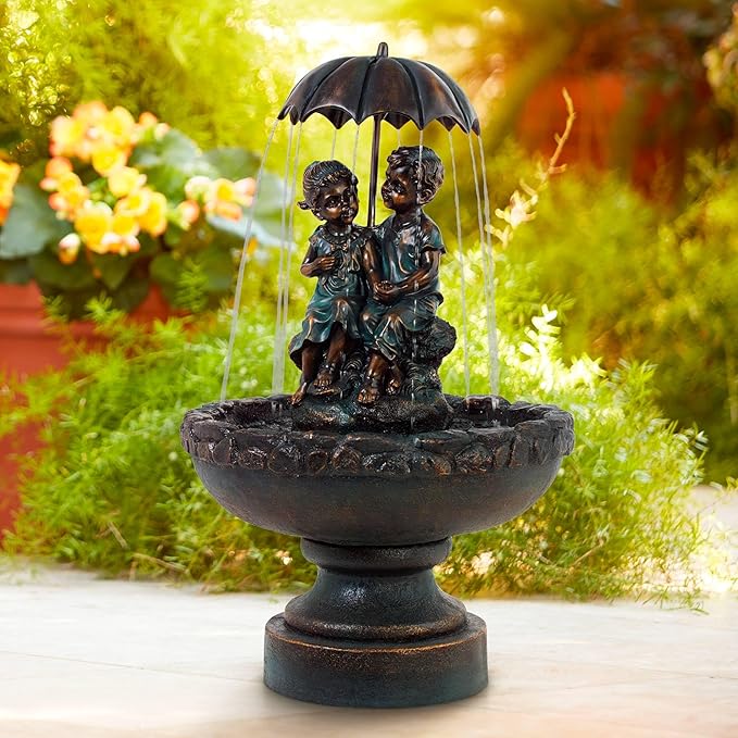 Boy and Girl Under Umbrella 40" High Large Rustic Indoor Outdoor Cottage Core Decor Bronze Floor Fountain Standing Waterfall Basin Water Feature for Outside Garden Patio Yard - John Timberland
