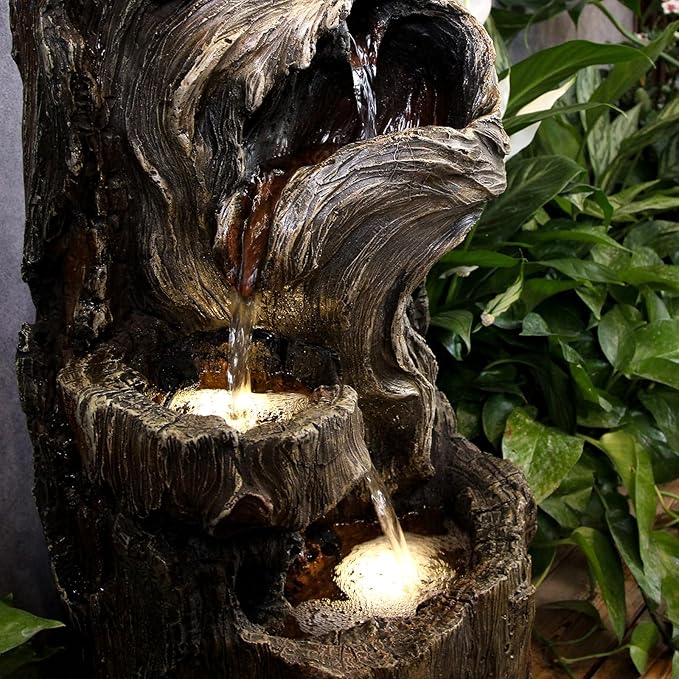 YZM Outdoor Floor Cascading Waterfall Tree Trunk Water Fountains Patio Porch Backyard Garden Fountain with LED Lights Pump 3 Tiers Water Feature 33.46 Inch Height