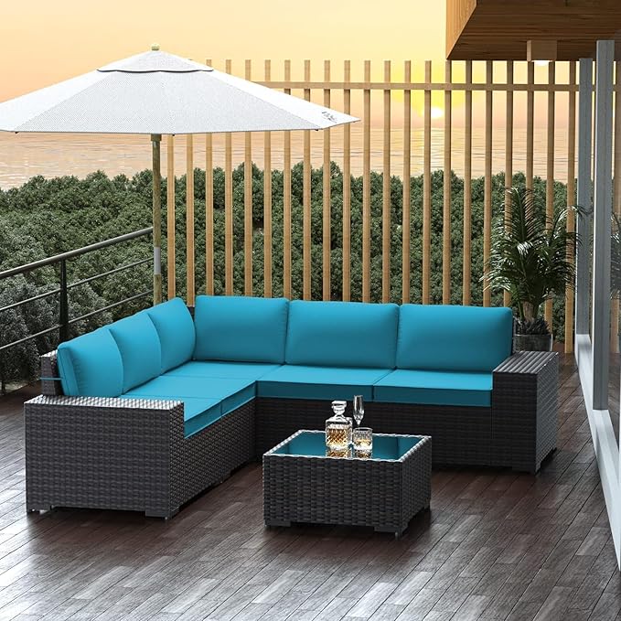 6 PCS Outdoor Patio Furniture Set,Outdoor Sectional Furniture All Weather PE Rattan Wicker Patio Conversation Set with Coffee Table and 5 Thickened Cushions,Turquoise Blue