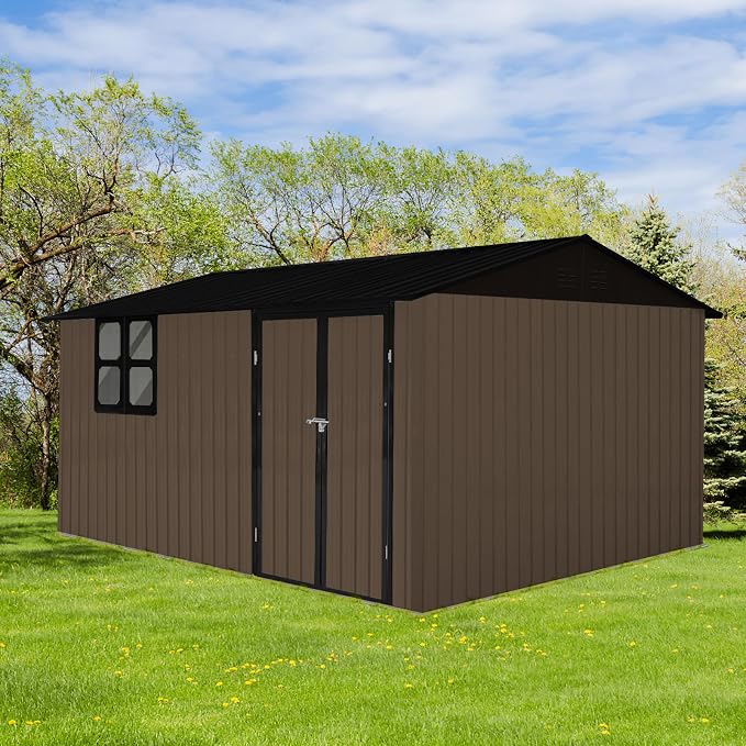 10x12 FT Outdoor Storage Shed, Large Metal Garden Shed with 4-pane Window, Outside Tool Shed with Lockable Hinged Door & 4 Air Vents, Waterproof Storage Building for Backyard, Patio, Lawn, Brown+Black by BNSPLY