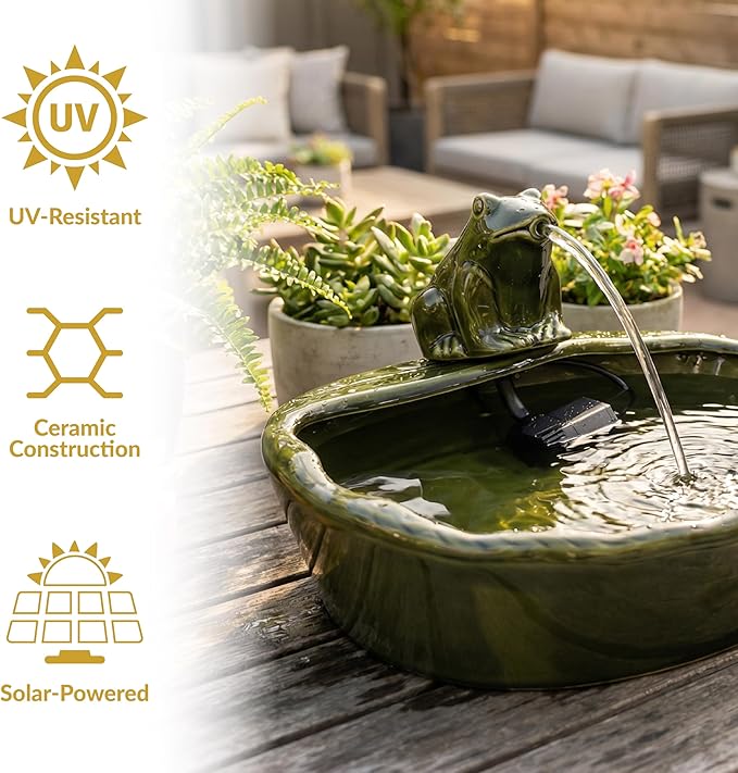 Sunnydaze Ceramic Solar-Powered Water Fountain - Green Glaze - Low-Voltage Submersible Pump with Filter - Frog