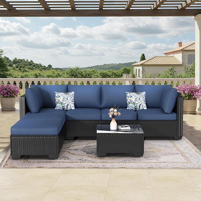 U-MAX 7 Piece Outdoor Patio Furniture Set, PE Rattan Wicker Sofa Set, Outdoor Sectional Furniture Chair Set with Navy Cushions and Tea Table, Black Rattan