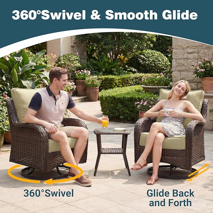 Patio Furniture Set, 10PCS Outdoor Wicker Conversation Set with 6" Thick Cushions, High Back Rattan Sofa & Swivel Rocker Chairs, Weather Resistant Olefin Fabric for Garden, Poolside, Beige