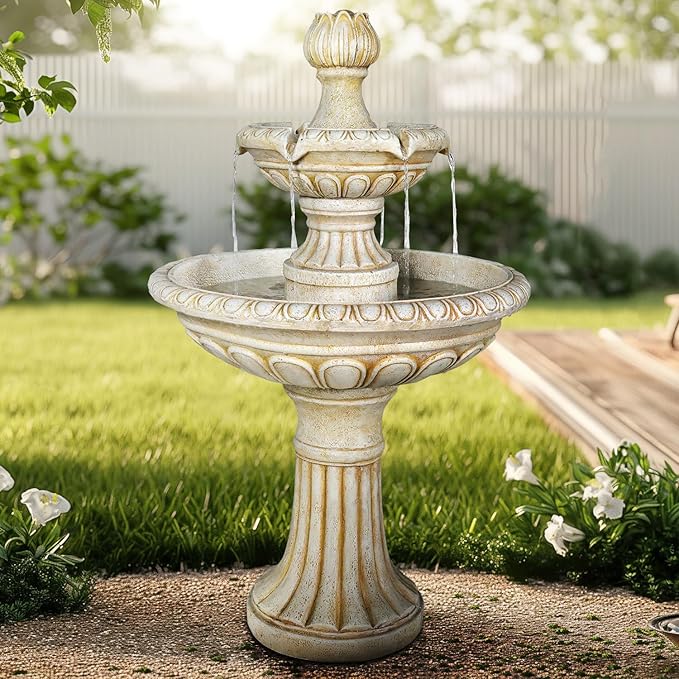 SunJet 40.5" High 3-Tiers Modern Concrete Outdoor Water Fountain - Round Large Outdoor Fountains and Waterfalls for Garden, Patio, Yard, and Deck Decor, Featuring Natural Stone Look (Ivory, 40.5 inch)