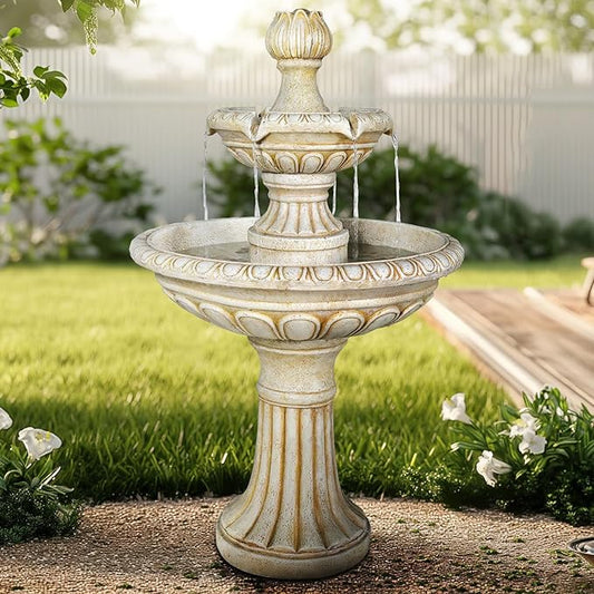 SunJet 40.5" High 3-Tiers Modern Concrete Outdoor Water Fountain - Round Large Outdoor Fountains and Waterfalls for Garden, Patio, Yard, and Deck Decor, Featuring Natural Stone Look (Ivory, 40.5 inch)