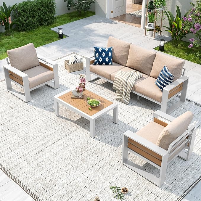 Aoxun Aluminum Patio Furniture Set, 5 Seats Luxury Outdoor Sectional with 6" Olefin Fabric Cushions, Patio Conversation Sets with Coffee Table Outdoor Sofas for Backyard, Deck, Porch Beige