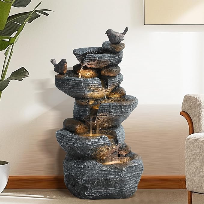 TITIMO 5-Tier Cascading Rock Water Fountain Outdoor Garden Waterfall with Lights, Fountain Indoor Decor for Garden, Patio, Backyard, Deck, Porch and Home Art Decor