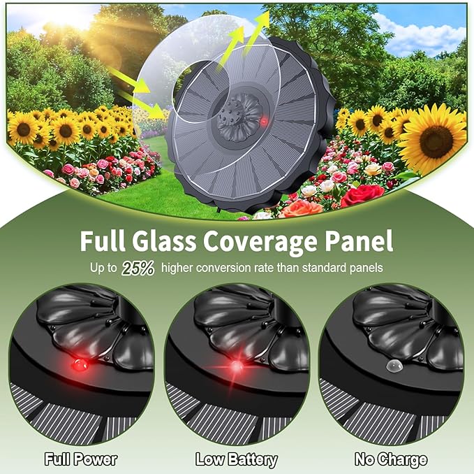 SZMP Solar Fountain, Works in Cloudy with 2000mAh Battery Backup, Glass Solar Powered Bird Bath Fountain with Smart Status Indicators, 3.5W, 8 Nozzles, for Garden, Outdoor (Black)