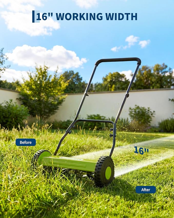 16 Inch Manual Reel Lawn Mower, 5-Blade Push Reel Mower with Adjustable Cutting Height, Walk-Behind Compact Hand Push Mower for Small Yards, Quiet Cordless Mowing (Green) — No Grass Catcher Bag - Image 6