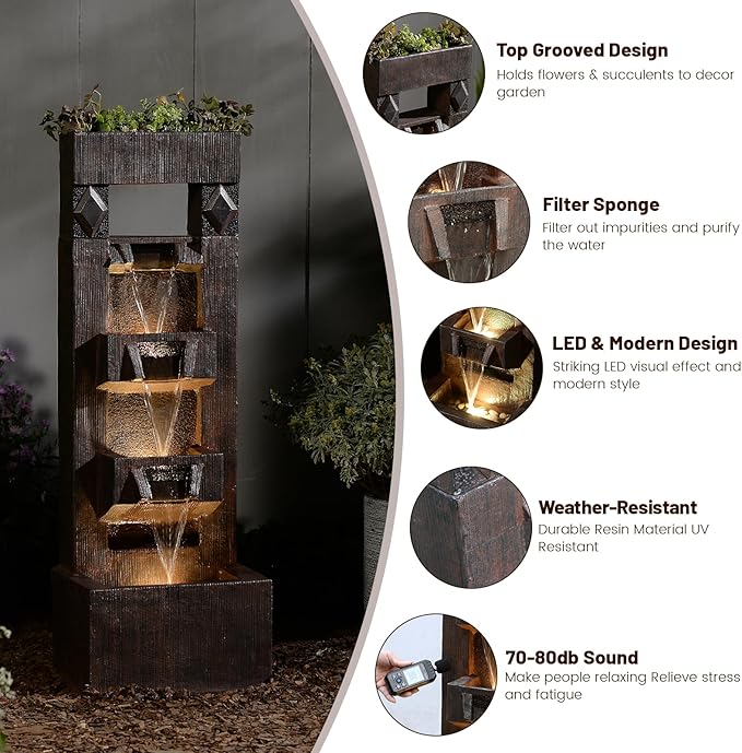40.9" H 4-Tier Indoor/Outdoor Modern Water Fountain with Led Lights and Pump, Outdoor Freestanding Cascading Waterfall - Suitable for Garden, Patio, Porch, Yard and Outdoor Decor (Brown)