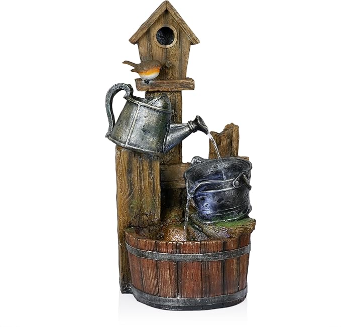 Alpine Corporation TZL280 Watering Can Barrel Birdhouse Fountain w/White LED Lights, Stylish Décor for Garden & Patio, 32" H