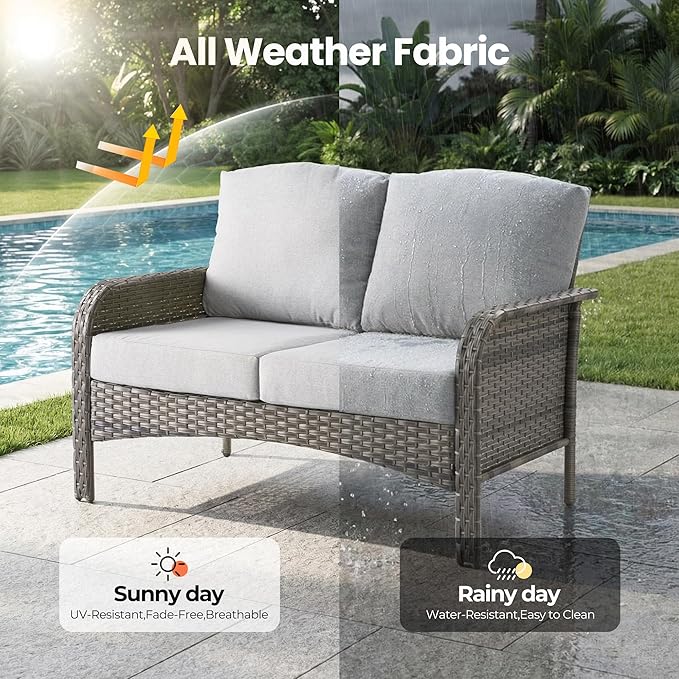 8 Pieces Outdoor Patio Furniture Sets, High Back Swivel Rocker Chairs Loveseat Sofa Coffee Table, All Weather Wicker Conversation Set for Deck Backyard Porch Poolside, Light Gray