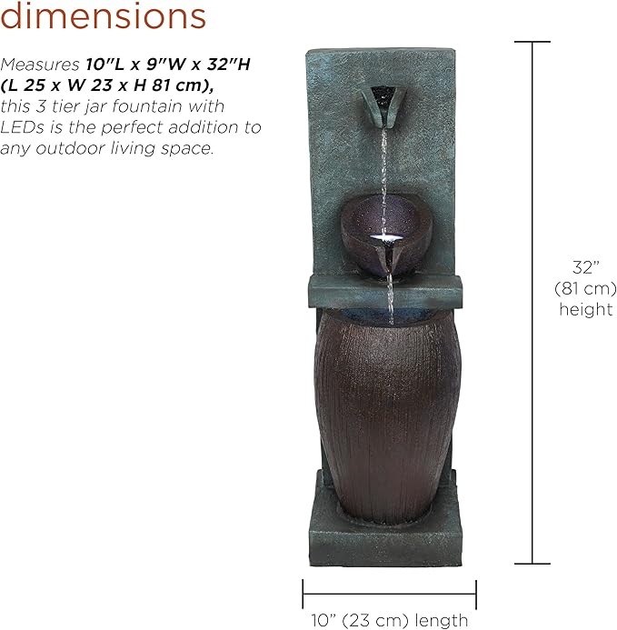 Alpine Corporation TZL388 32" 3 Tier Jar Fountain with LED Lights, Elegant Outdoor Water Feature for Garden, Patio, Backyard, Home Décor, Ceramic Water Fountain & Landscape Decorations, Gray