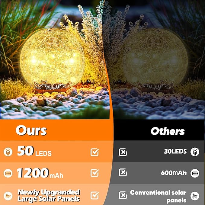 Coroor Garden Solar Ball Lights Outdoor Waterproof, 50 LED Cracked Glass Globe Solar Power Ground Lights for Path Yard Patio Lawn, Christmas Decoration Landscape Warm White(2 Pack 4.7'')