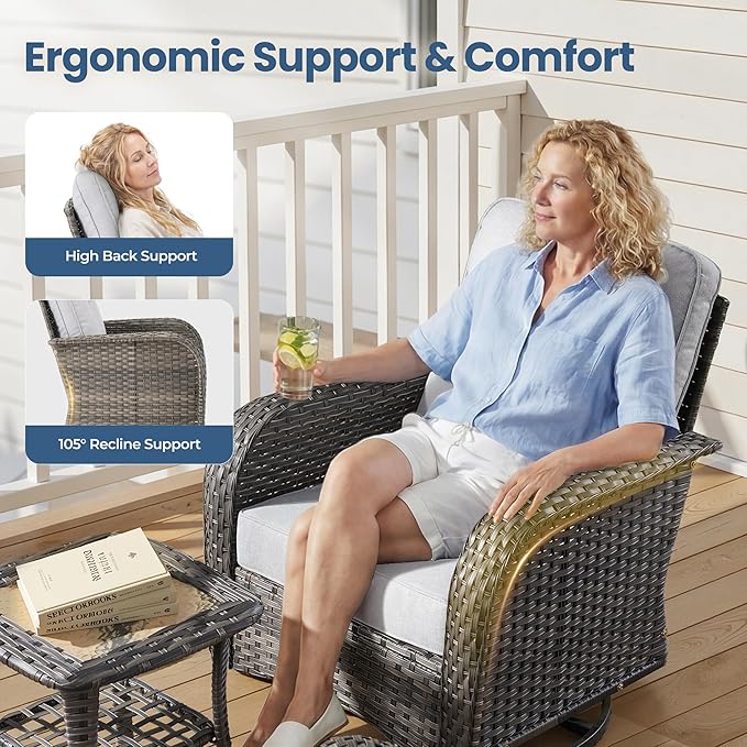 Weaxty Outdoor Swivel Rocker Patio Chairs, 3 Pieces Patio Furniture Set with Rocking Chair and Wicker Side Table, Outdoor Furniture Conversation Set for Porch, Deck, Yard, Balcony, Light Gray