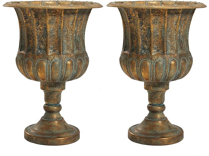 Worth Garden 24.5" H. Metal Urn Planters 2-Pack - Bronze Classic Antique Iron Plant Pots - Large Decorative Rustic Flower Pots for Outdoor Use - Traditional Urn Planter for Patio, Front Porch