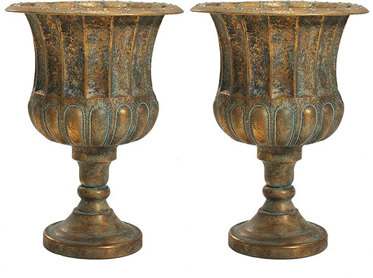 Worth Garden 24.5" H. Metal Urn Planters 2-Pack - Bronze Classic Antique Iron Plant Pots - Large Decorative Rustic Flower Pots for Outdoor Use - Traditional Urn Planter for Patio, Front Porch