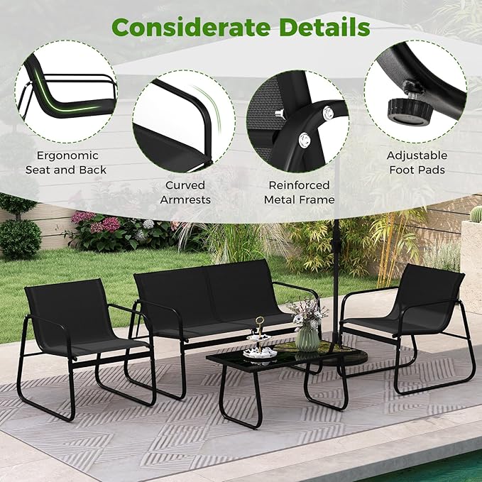 Tangkula 8 Piece Patio Furniture Set, Outdoor Metal Conversation Chair & Coffee Table Set with Mesh Seat Fabric & Tempered Glass Tabletop, Outside Bistro Set for Backyard, Porch, Poolside (Black)