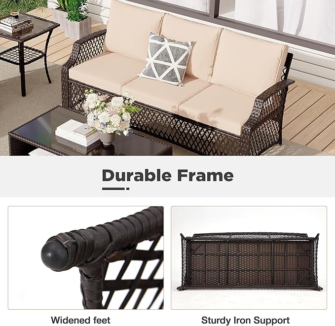 HOMREST 7 Piece Patio Furniture Set, Wicker Outdoor Conversation Set with Swivel Chairs, 2 Ottomans, Storage Coffee Table, Rattan Outdoor Sectional Sofa for Deck Backyard Porch （7 Seats, Khaki