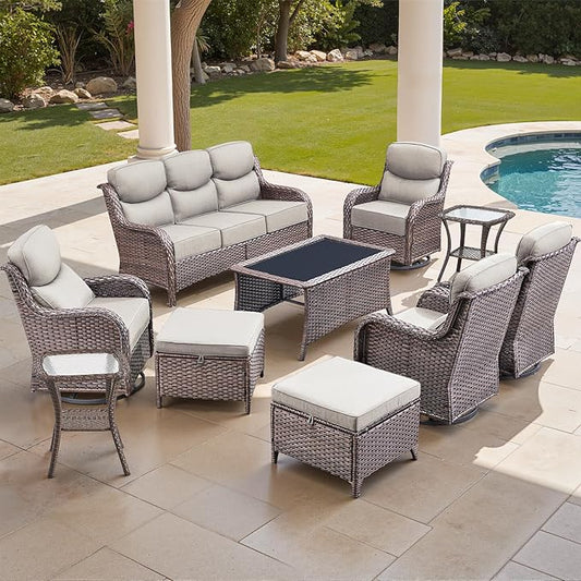Luxury High Back Outdoor Furniture Set with 6-inch Thick Cushions, Patio Furniture Set with Swivel Chairs, 10 PCS Wicker Conversation Set for Yard, Deck, Poolside, Brown/Beige