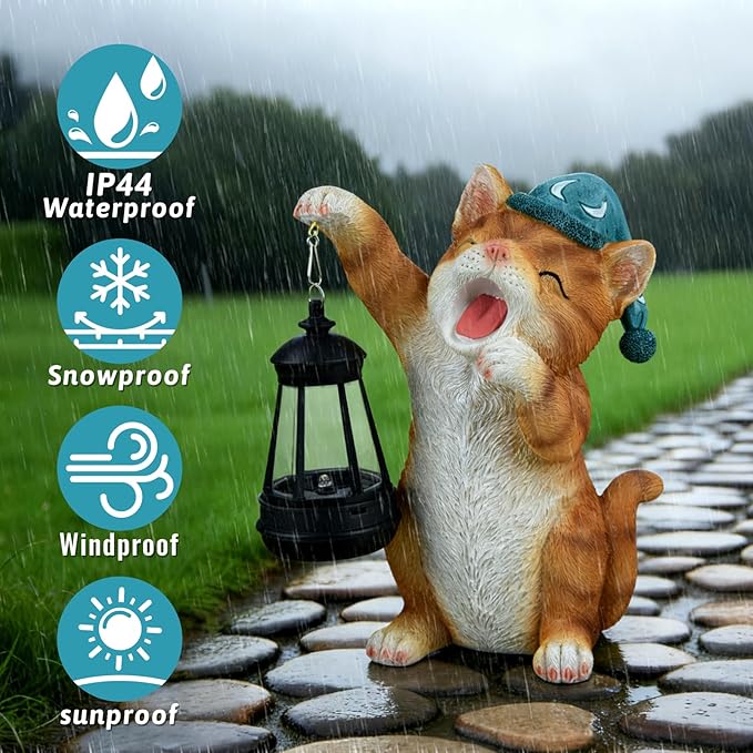 ILLUMINEW Solar Dragon Garden Statue with Lantern and Birds – Resin Dinosaur Figurine with LED Light for Yard, Outdoor Decor, Gifts for Mom, Women (Cat)