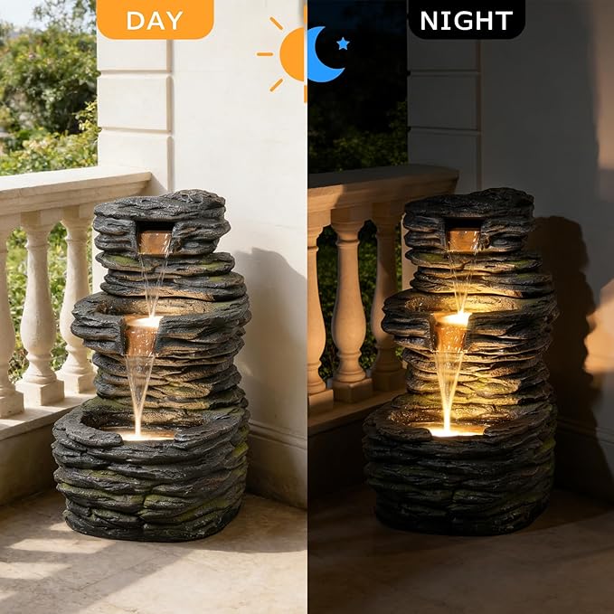 28.8” Tall Rock Water Fountain Outdoor Garden, 3-Tiers Cascading Rock Natural Waterfall Fountains with LED Lights, Indoor Resin Water Feature Fountain for Patio, Backyard, Deck, Porch